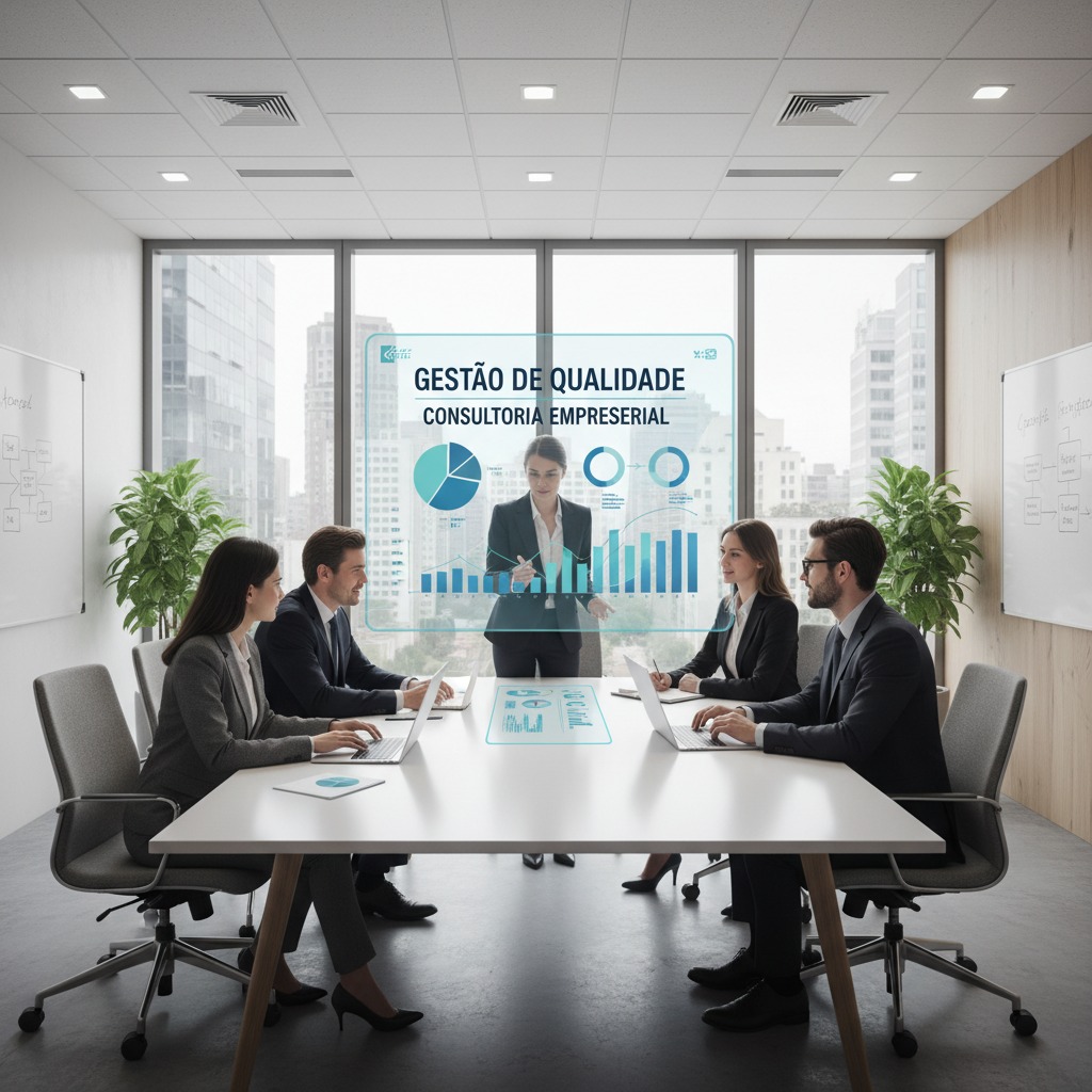 Equipe de profissionais em uma reunião de negócios analisando gráficos de gestão de qualidade projetados em uma tela transparente.