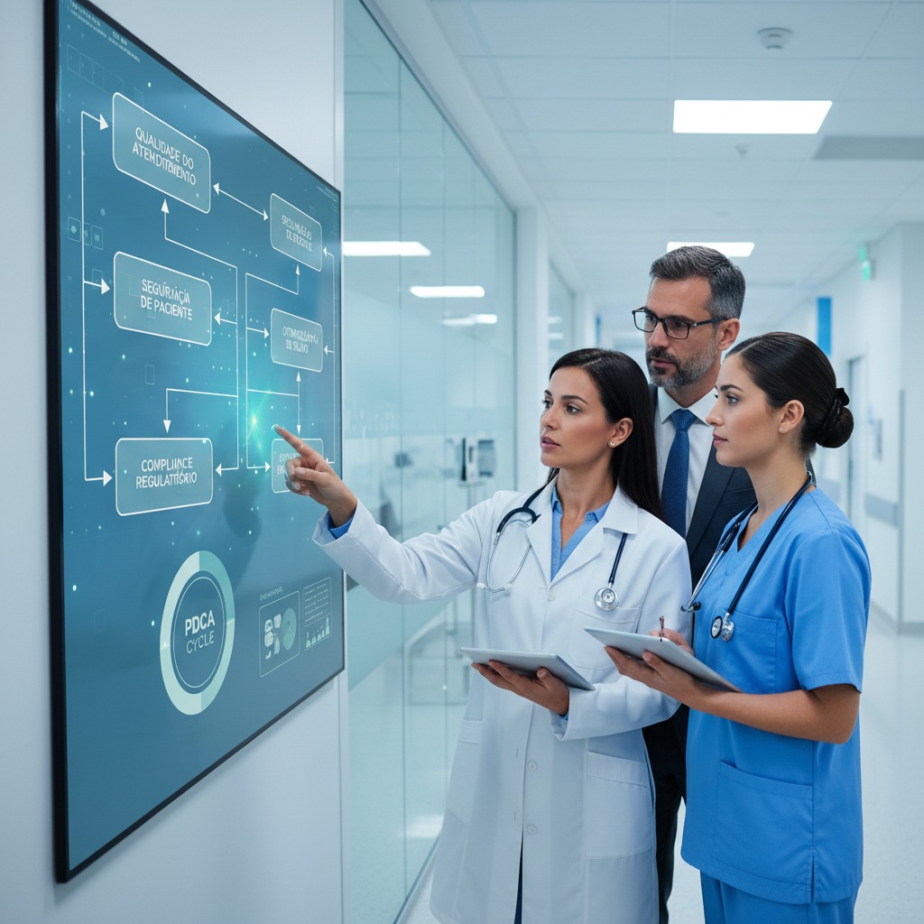 Equipe médica e executivo analisam um fluxograma digital sobre gestão hospitalar em uma tela interativa no corredor de um hospital.