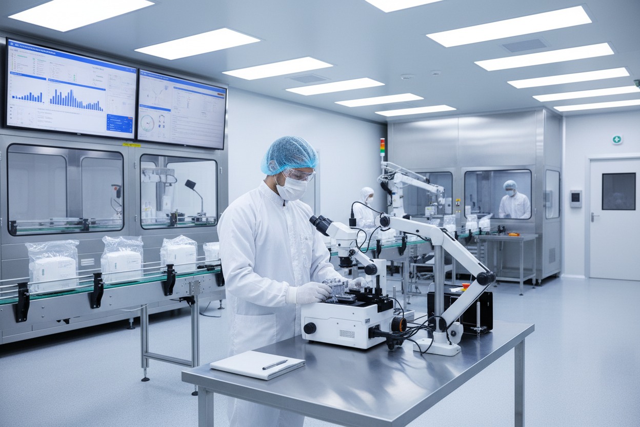 Profissional de laboratório com vestimenta de proteção utiliza um microscópio em uma sala limpa automatizada.